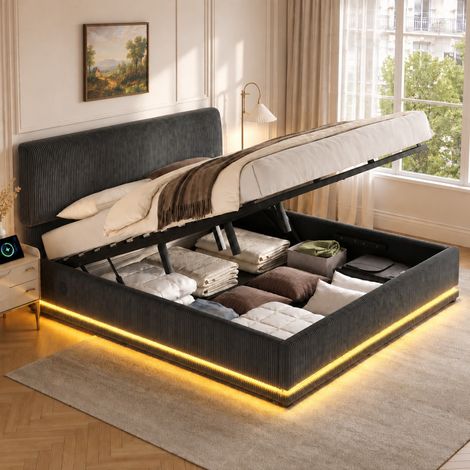 Cama tapizada 180x200 cm gris oscuro de pana con LED, USB-C y almacenaje (1/5)
