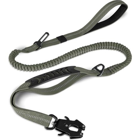 Laisse élastique Chien Anti-Traction 1.2m-1.8m 2 Poignées Rembourrées Réfléchissante Ceinture de Sécurité Voiture pour Les Chiens de Taille Moyenne, Grande, X-Grand, Vert armée