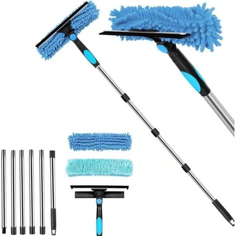(Bleu)2 en 1 Professionnel Raclette Vitre, Kit Nettoyage Vitre avec 2 Chiffons Microfibres et Manche Telescopique Lave-vitres (1/5)