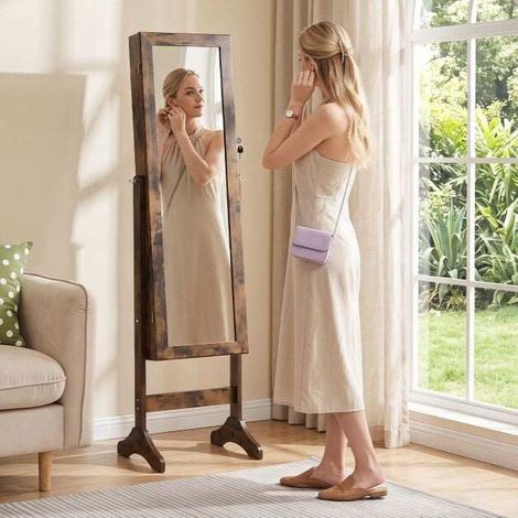 Lockable Brown Jewelry Cabinet with Full-Length Mirror (1/5)
