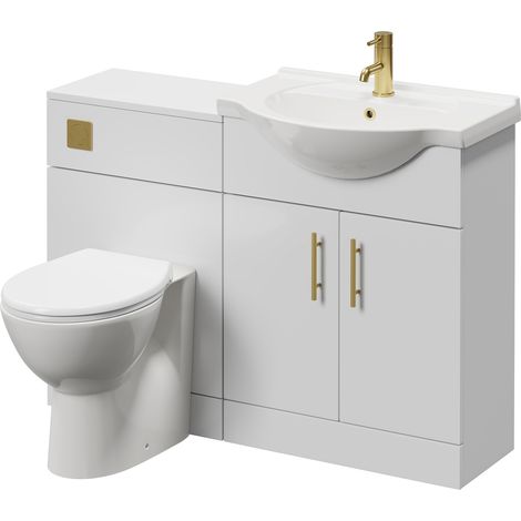 Alexander James Gloss White 1150mm 2 Door Vanity Unit Toilet Suite - 1150mm - Brushed Brass 96mm Knurled Bar HandleJames Toilet Pan and Seat