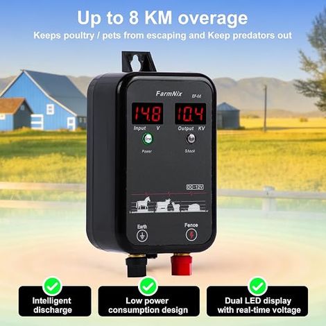 Clôture électrique, Clôture électrique pour bétail, Électrificateur de clôture électrique, 12V 1.0J Protection pour la protection des animaux de ferme, de la volaille, des pâ (1/4)
