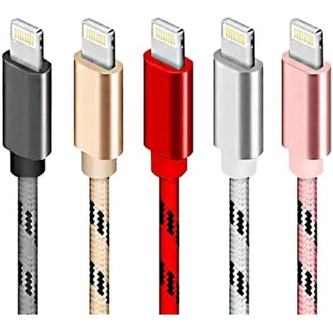 Lot de 5 câbles Lightning tressés de 2 m - Câble de charge rapide et de synchronisation de données pour iPhone 11, 13 et 14 - Chargeur USB durable (1/3)