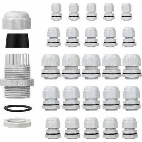 Lot de 25 presse-étoupes étanches - Réglables - PG7 PG9 PG11 PG13.5 PG16 - Connecteurs de cable - écrous de remplissage - Joints en plastique avec rondelle - Blanc (1/4)