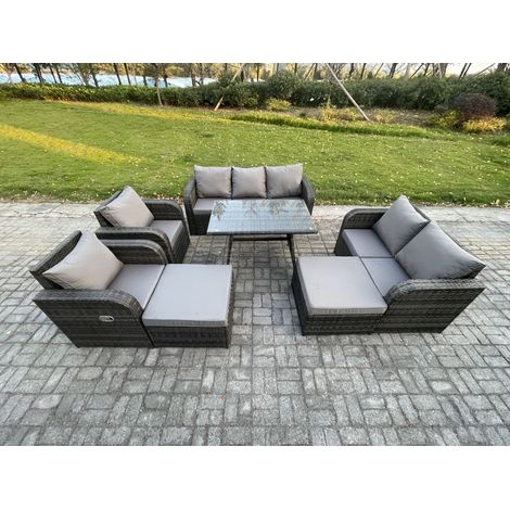 Fimous Rattan Gartenmöbel Set 9-Sitzer Rechteckiger Tisch 2 hohen Hockern Love Sofa Dunkelgrau Gemischt (1/5)