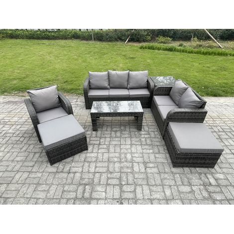 Fimous Dossier haut Salon de jardin avec Canapé d'amour Table basse rectangulaire Table d'appoint 2 Grand tabourets Ensemble de canapés en rotin Gris foncé mixte (1/5)