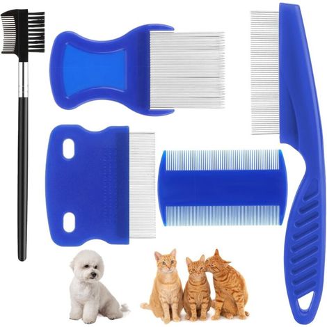 Lot de 5 peignes anti-puces en acier inoxydable avec dents arrondies pour chats et chats, peigne à poils épais, peigne à dents fines pour chien et chat (1/4)