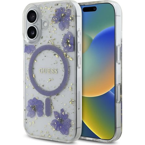 iPhone 16 Hülle Guess MagSafe Glitzerblumen Lila (1/5)