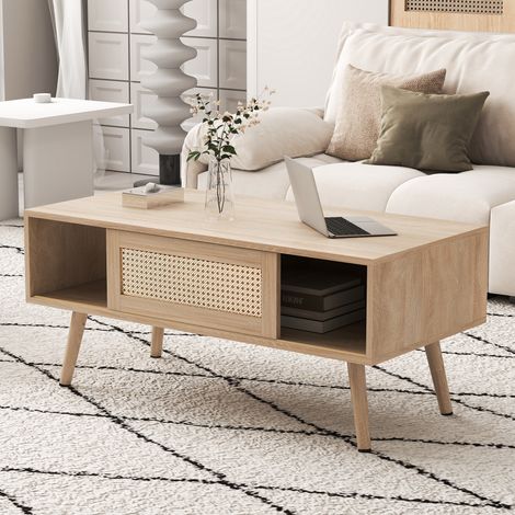 Table Basse en Rotin 100x50x36 cm - Porte Coulissante Tress茅e - Pieds Bois Massif - Structure Panneaux de Particules - Naturel (1/5)