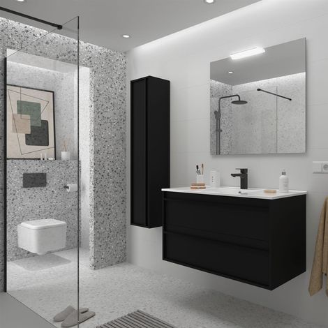 Meubles + lavabo ATTILA 1000 2 tiroirs NOIR SATINÉ (1/2)