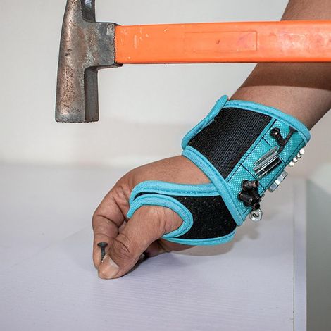 Bracelet porte-outils magnétique bleu avec aimants puissants, bracelet ajustable pour le bricolage, la réparation et la rénovation (1/4)