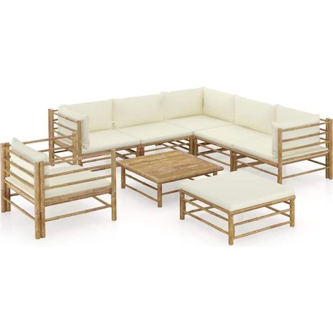 Salon de jardin 8 pcs Ensemble Table et Chaise de Jardin - avec coussins blanc crème Bambou BV816819 - BonneVie (1/5)