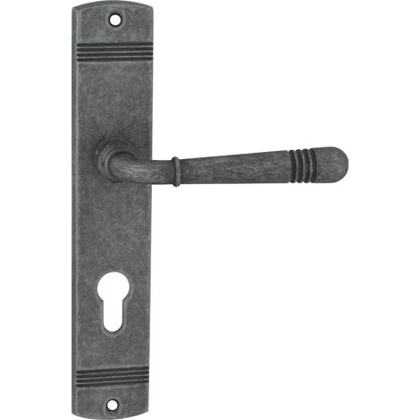 Poignée de porte DOMINO, ensemble de poignée à levier 72 avec cylindre profilé Plaque longue Pour portes de chambres, portes de bureaux, portes de sous-sol et portes intérieures Nickel antique LOF (1/5)