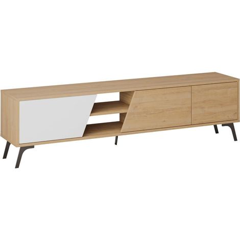 Meuble TV moderne 180 cm avec 3 portes blanc et bois Fiona (1/5)