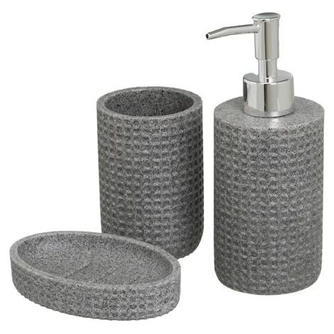 Set accessoires salle de bain - JUANIO - Set 3 pièces - Polyrésine - Gris - Distributeur, porte-savon, gobelet (1/4)