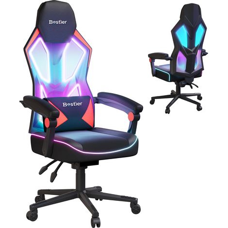 Chaise de jeu Bestier avec lumières LED, tissu respirant, 806025 cm, chaise de jeu pour adulte, support lombaire réglable (noir et rouge). (1/3)