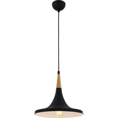 Lustre moderne avec corps en métal, noir et chêne, hauteur 90 cm, diamètre 32 cm, culot E27 max. 40 W, design industriel et scandinave élégant