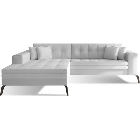Canapé convertible capitonné angle gauche simili cuir blanc et pieds métal noir Lazor 295cm (1/5)