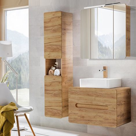 Badezimmermöbel Set mit 80 cm Waschtisch & LED-Spiegelschrank, Wotan Eiche Nb., B/H/T ca. 130/200/46 cm (1/5)