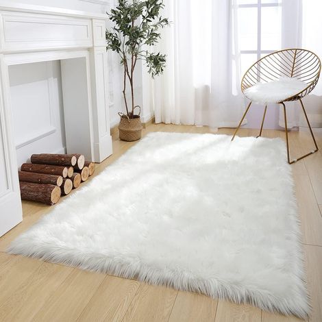 1 Alfombra, piel sintética, ultrasuave, antideslizante, 90x150 cm, blanca, salón, dormitorio (1/5)