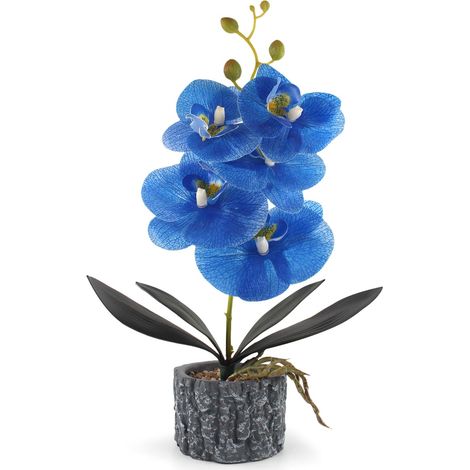 Orchidée artificielle avec vase en ciment – Arrangement floral phalaenopsis – Plantes artificielles pour fête, centre d'exposition, décoration de la maison (bleu haut, 38,1 cm) (1/5)