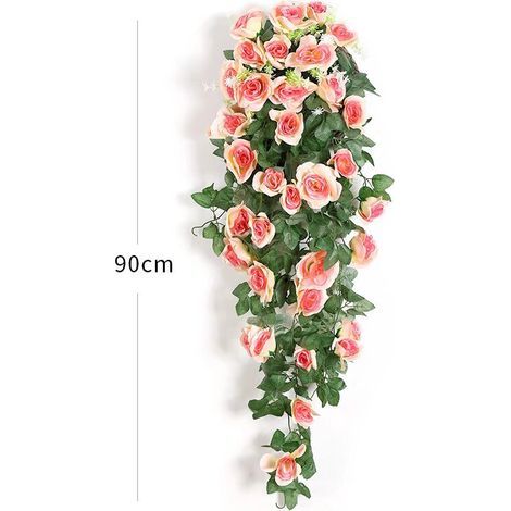 Plantas artificiales colgantes - Guirnalda de rosas de seda sintética y enredadera de hiedra de ratán para decoración de paredes de jardín de bodas (Champán, 2 piezas) (1/5)
