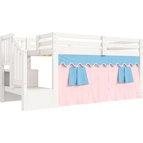 Lit mezzanine 90 x 200 cm en pin et MDF blanc avec rideaux occultants et espace ouvert (1/5)