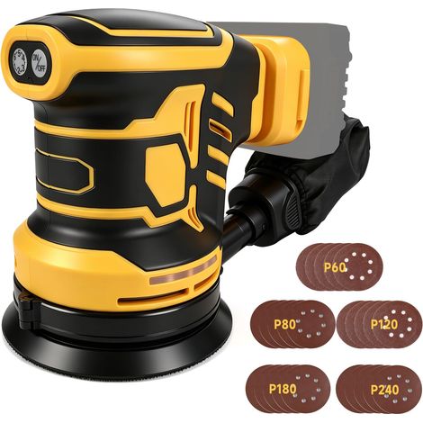Ponceuse orbitale aléatoire sans balais compatible avec 18-20 V, 125 mm Brushelss avec 25 papiers abrasifs, rotation à 6 vitesses max 21 000 tr/min (jaune pour) (1/5)