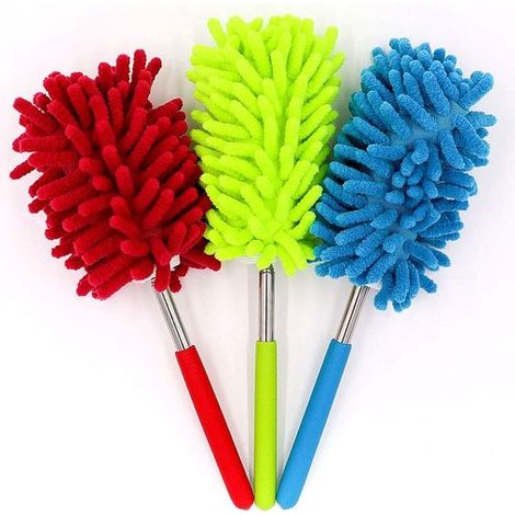 Plumeau télescopique - 3 pièces - Dépoussiéreur - Balai télescopique - Plumeau extensible - Dépoussiéreur à lamelles - Balai plumeau nettoyant ménager - Long extensible jusqu'à 75cm - Rouge, vert, ble (1/5)