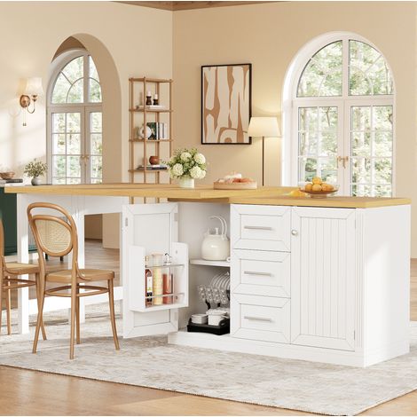 Îlot de cuisine extensible 120-197x40x74 cm blanc en MDF avec rangement et plateau pivotant (1/5)