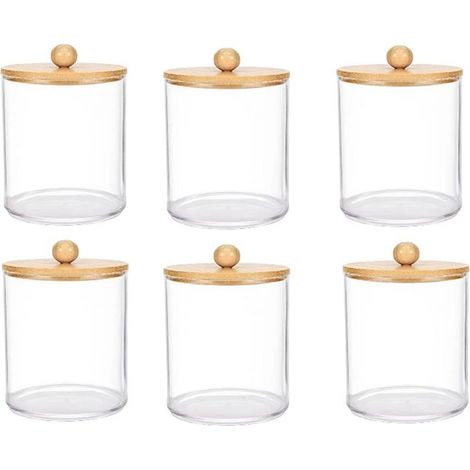 Lot de 6 boîtes de rangement transparentes en plastique pour bouteilles de médicaments avec couvercles en bambou, pour distributeur de cotons-tiges, organisateur de bocaux de salle de bain (1/5)