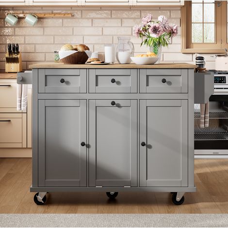 Isola da cucina mobile con ruote, piano estensibile 112 x 46,2-76,2 cm, grigia HAVRYA (1/5)