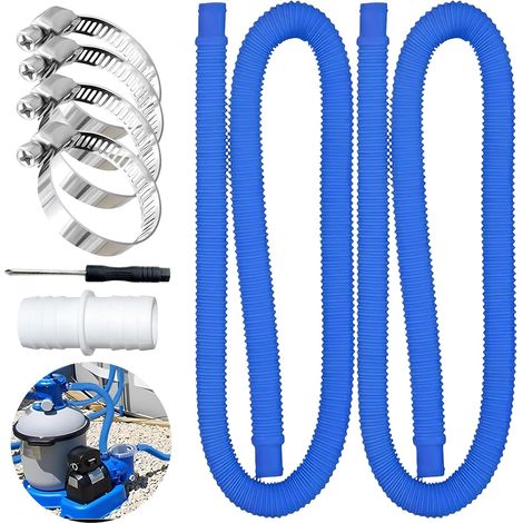 Manguera de piscina de 150 cm, Ø32 mm, con 4 clips metálicos de seguridad, color azul