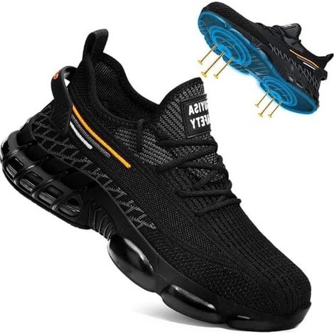 Chaussures de sécurité homme à coque acier, chaussures de chantier antidérapantes, sneakers de travail légères à semelle coussin d'air, bottines industrielles pour homme, pointure 47. (1/4)
