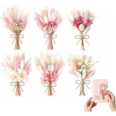 Mini-Trockenblumensträuße – 6 Stück – 7 x 15 cm – Rosa und Weiß (1/5)