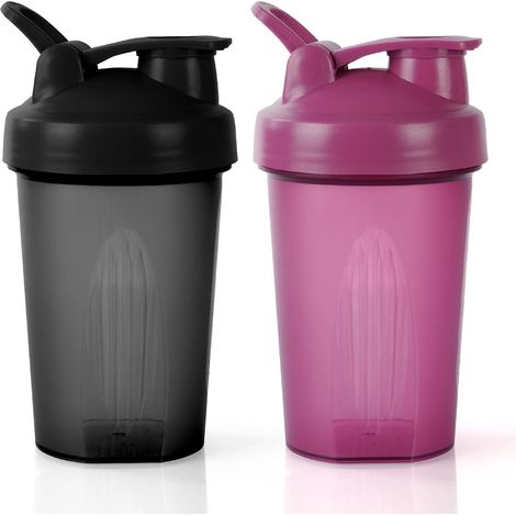 Lot de 2 shakers protéinés avec boule de mélange en acier inoxydable de 400 ml, pour protéines et compléments, anti-fuite, avec couvercle à rabat, sans BPA, noir et violet (1/5)