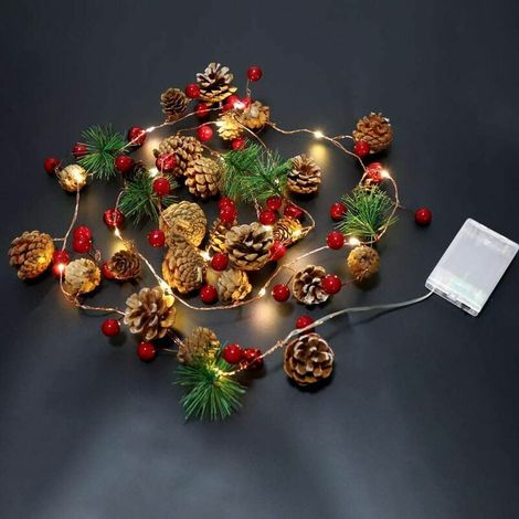 Weihnachtslichterkette mit Tannenzapfen, roten Beeren, Matsuba-Glocken und Fernbedienung für drinnen und draußen, Weihnachten, Silvester, Party, Zuhause, Schlafzimmer, Wand, Garten (2 m 2 (1/5)