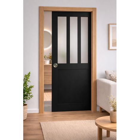 Porte Coulissante Atelier Noir Vitre Depoli H204 X L93 Cm, Galandage, Kit Finition (coquille Et Tire Doigt) Gd Menuiseries