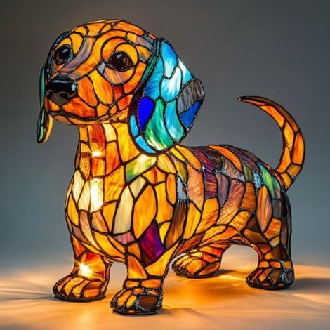 Lampe de table décorative en vitrail Tiffany représentant un teckel, style rétro mosaïque.