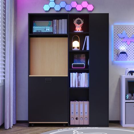 Bureau pliant avec étagères – Bureau et bibliothèque 2 en 1, pliable, avec prise électrique et port USB, étagères réglables en hauteur, dispositif anti-basculement, bureau d'angle (côté droit) (1/5)