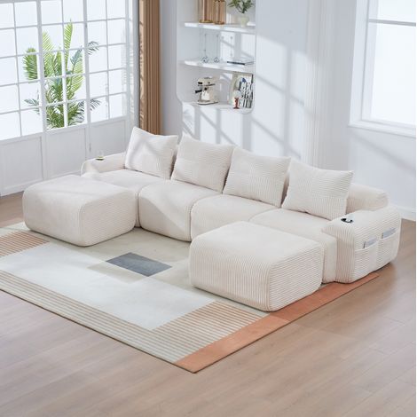 Divano modulare da 4 posti in tessuto a coste con 2 pouf, portabicchieri e tasca portaoggetti, beige, 333x174x80 cm (1/5)