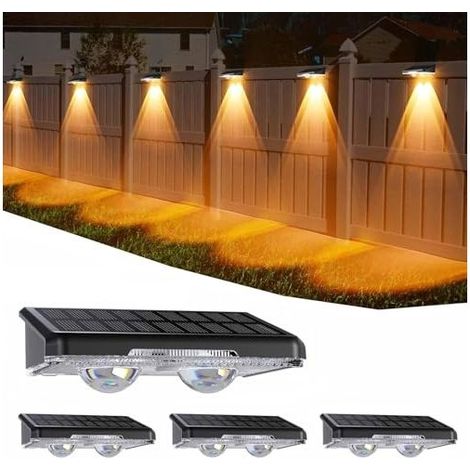 Applique Murale Exterieur Solaire Lot de 4, IP44 Étanche Lampe Solaire Exterieur avec 11 Modes, Blanc Chaud & Blanc Froid & Multicolore Applique Solaire Exterieur pour Jardin, Murale, Terrasse (1/5)