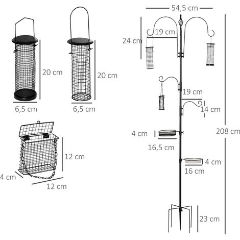Vogel Futterstation 208 cm Vogelfutterstation mit 4 Haken, Erdspieß, Wasser- & Futterschale, Futtersäule Freistehend Vogelfutterspender für Garten Wildvögel Stahl Schwarz (1/5)
