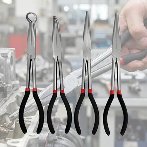 Set di 4 pinze a becco lungo: pinze a becco piatto (280 mm), pinze angolari (45°, 90°) e pinze a becco tondo per l'industria, l'edilizia, l'ingegneria meccanica e l'industria automobilistica.