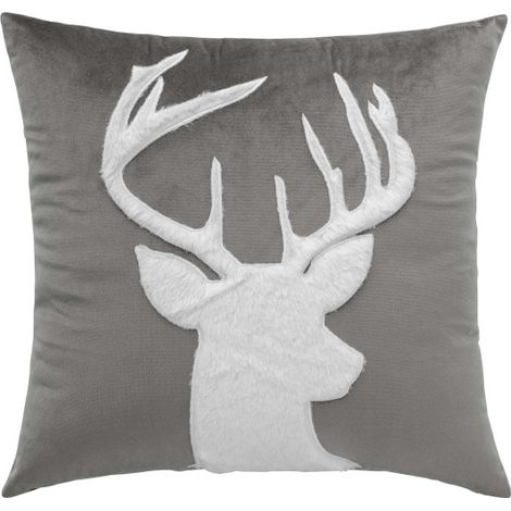Coussin Déhoussable 45 x 45 cm – Velours Uni & Imitation Fourrure – Motif Cerf - 45x45cm - Gris anthracite (1/2)