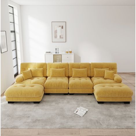 Divano modulare U 4 posti giallo in chenille con ottomani mobili (1/5)