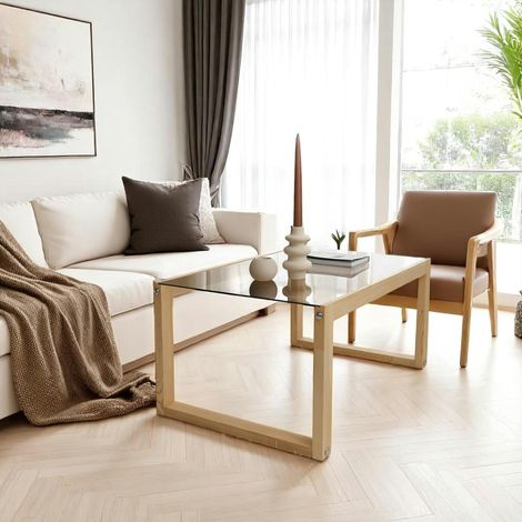 Table basse verre fumé et bois clair - forme rectangle LHASA (1/5)