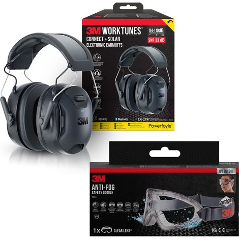 Pack 3M™ : Casque anti-bruit Bluetooth WorkTunes Connect Solar 33 dB et Lunettes-masque de sécurité anti-buée 2891 EN 166
