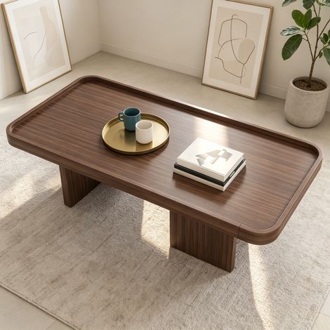 Mesa de centro rectangular, 100x50x35,5 cm, con esquinas redondeadas, estructura estable, MDF y tablero de partículas de nogal. (1/5)