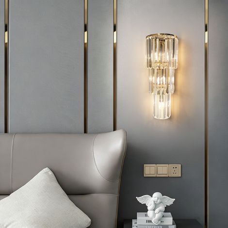 Luxus Kristall Wandleuchte Gold 3 flammig 3 stufige Wandlampe E14 elegante LED kompatible Innenleuchte fuer Wohnzimmer Flur Schlafzimmer